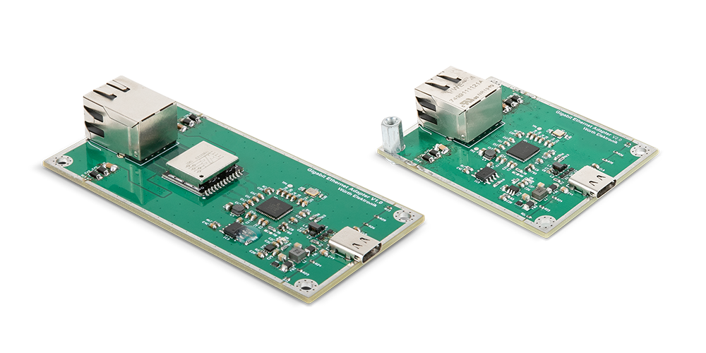 Gigabit-Ethernet Front-End Elektronikboard mit zwei Schnittstellen, eine USB‑Type‑C™ (USB 3.1) - und eine 1-Gigabit-RJ45/Ethernet‑Schnittstelle.